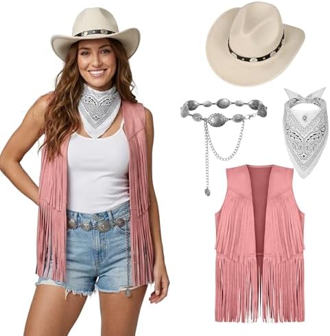 CFGPMM Disfraz de vaquera occidental de los años 70 para mujer, chaleco hippie con borlas y sombrero de vaquera de cuero para Halloween, cosplay (negro, talla M CFGPMM Disfraz de vaquera occidental de los años 70 para mujer, chaleco hippie con borlas y sombrero de vaquera de cuero para Halloween, cosplay (negro, talla M