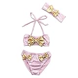 Baby Girl Mermaid Sequins Bright Bikini Bowknot Halter Swimsuit Headband Swimwear (90(12-18 Months), Pink)