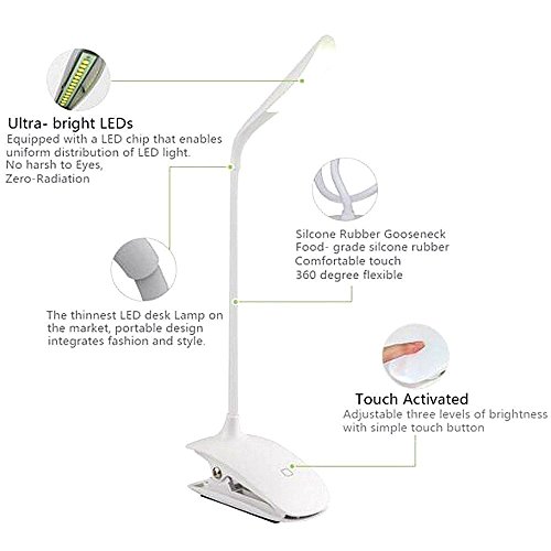 WONFAST 14 Led Cordless Clip on Desk Lamp Gooseneck Tube Touch Sensitive LED USB Rechargeable-3 Level Adjustable Brightness Lights for Indoor & Outdoor Table Reading (Yellow)