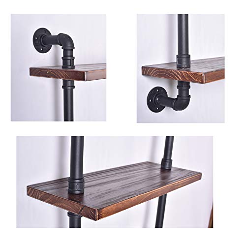 Diwhy Industrial Pipe Shelving Bookshelf Rustic Modern Wood Ladder Storage Shelf 3 Tiers Retro Wall Mount Pipe Dia 32mm Design DIY Shelving (Black, L 24")