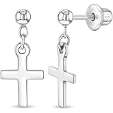 925 Sterling Silver Kids Small Cross Dangle Earrings with Locking Safety Screw Back for Young Girls & Preteens - Religious Earrings