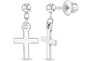 IN SEASON JEWELRY 925 Sterling Silver Kids Small Cross Dangle Earrings with Locking Safety Screw Back for Young Girls & Preteens - Religious Earrings