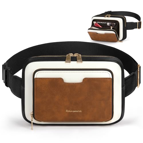 RAINSMORE Fanny Packs for Women, Leather Belt Bag Waterproof Everywhere Crossbody Waist Pack with Adjustable Strap Retro Sling Chest Bag for Work Running Travel Party, Black and Brown with White