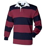Front Row Sewn Stripe Long Sleeve Sports Rugby Polo Shirt (XXL) (Burgundy/Navy)
