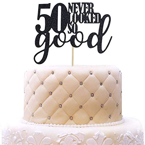 50 Never Looked So Good Cake Topper for 50th Birthday Wedding Anniversary Party Decorations Black Glitter