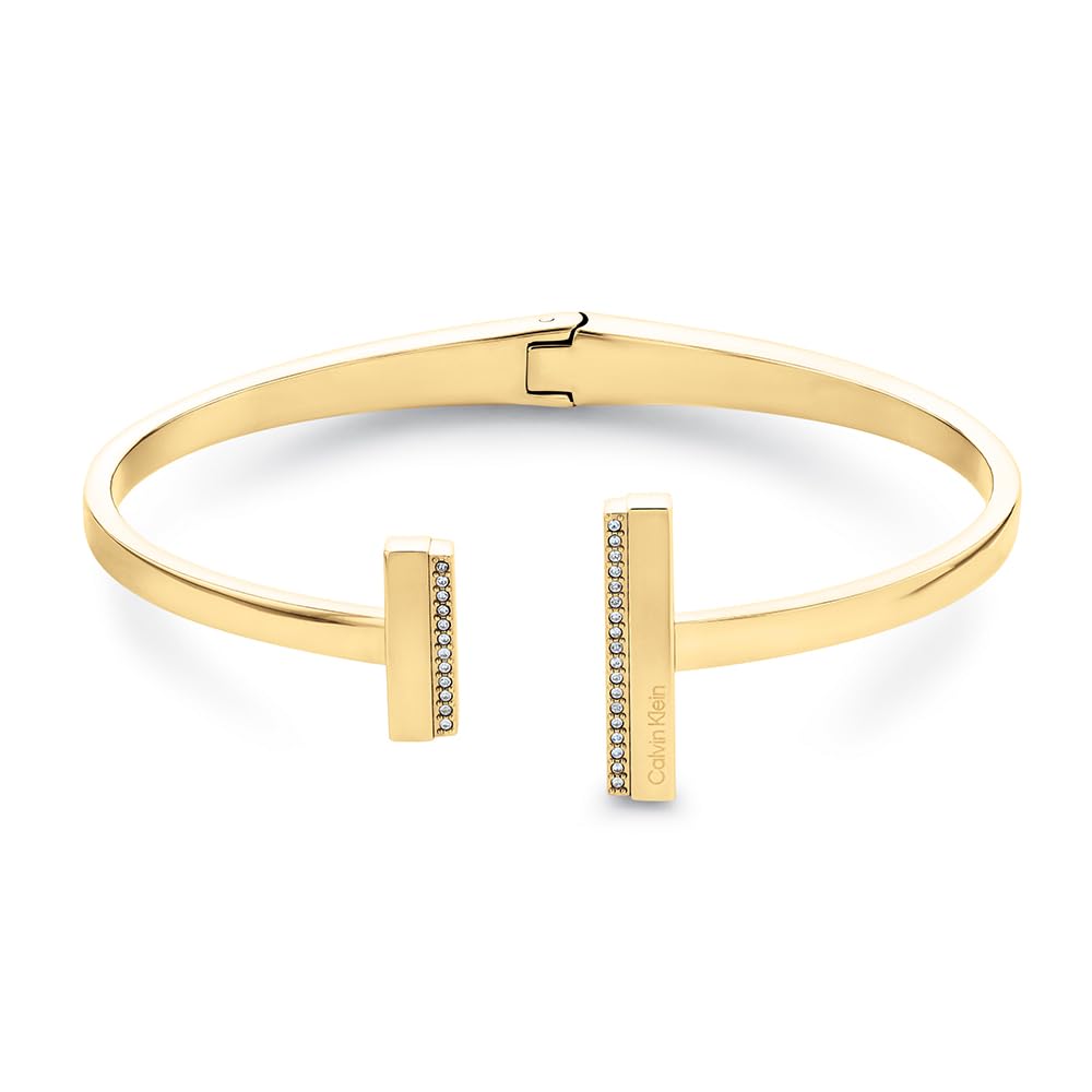 Calvin Klein Women's MINIMAL LINEAR Collection Open Bangle Bracelet in Yellow Gold Embellished with Crystals - 35000161