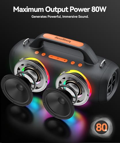BassBloom Roar 1 Portable Bluetooth Speaker, 60W Powerful Sound with JIKE Bass, IPX6 Waterproof, 24H Playtime, Bluetooth 5.4, TWS Pairing, RGB Party Lights, for Travel Outdoor Camping and Beach
