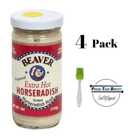 Beaver Horseradish Extra Hot 4 oz (4 pack) With Silicone Basting Brush in a Prime Time Direct Sealed Bag