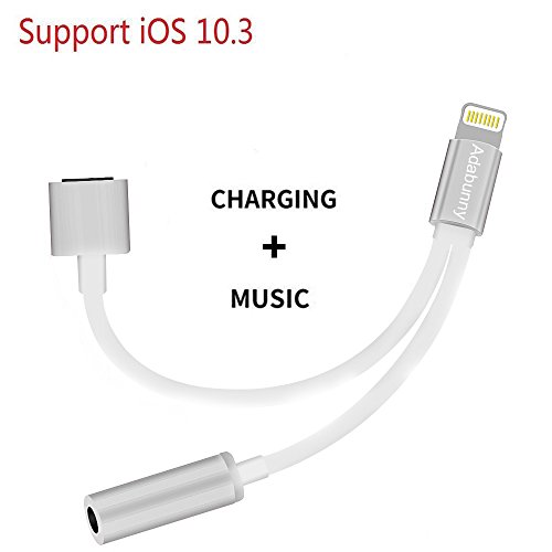 iPhone 7 Adapter, Lightning to 3.5mm Audio Adapter, ADABUNNY 2 in 1 Lightning Charger and 3.5mm Earphones Jack Cable for Apple iPhone 7 7 Plus 6S 6 iPod iPad - Support iOS 10.3 or Later (Silver)