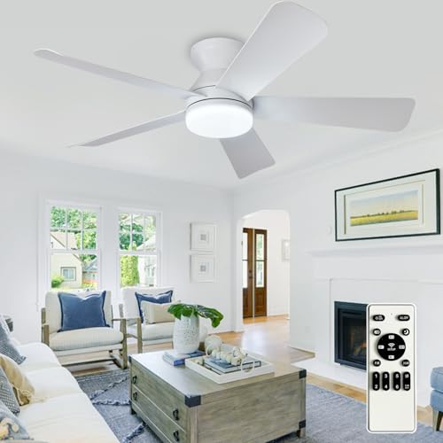 Depuley Modern Ceiling Fan with Light: Small 42 inch White Fan - Dimmable Ceiling Fan with Remote Control 5 Reversible White Blades 6 Speeds Timer