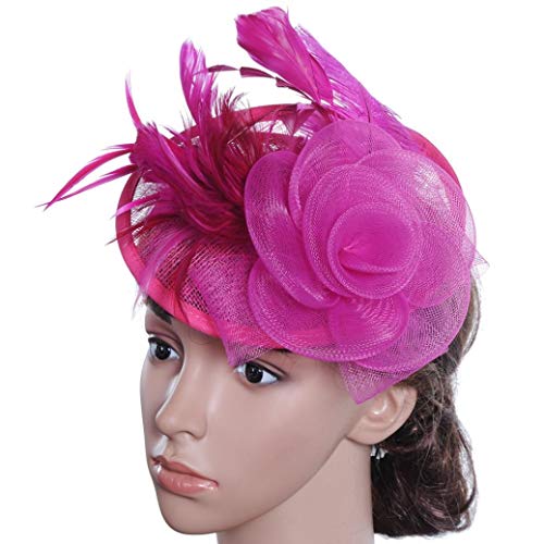 Ankola Women Fascinator Penny Mesh Hat Ribbons and Feathers Wedding Cocktail Party Hat Fashion (One Size, Hot Pink) - Thumbnail 2