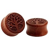KUBOOZ Life Tree Pattern Classic Wood Ear Plugs Natural Red Sandalwood Hand Carved Ear Piercing 10-25mm