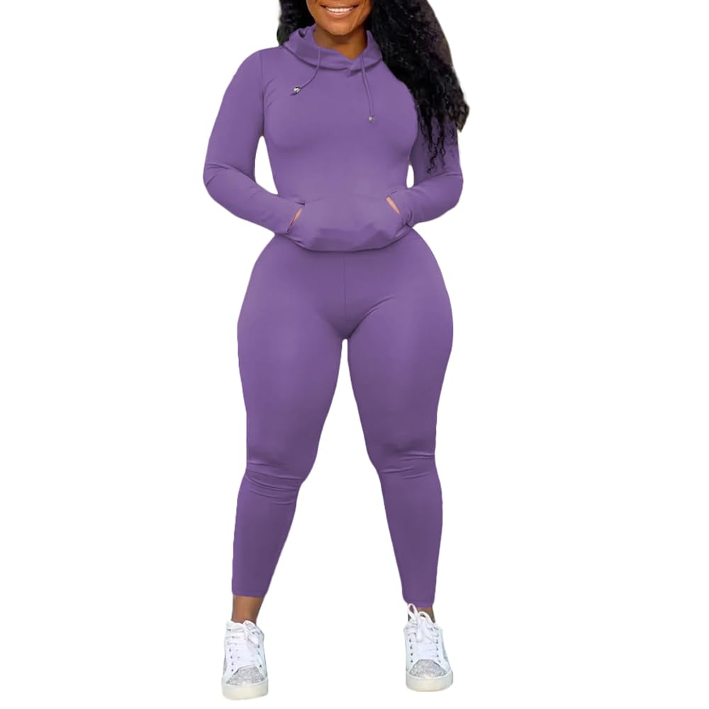 Photo 1 of Aomice Women Two Piece Outfits Sweatsuits Sets Bodycon Tracksuit Long Sleeve Jogger Hoodie Sweat pants Set Purple M