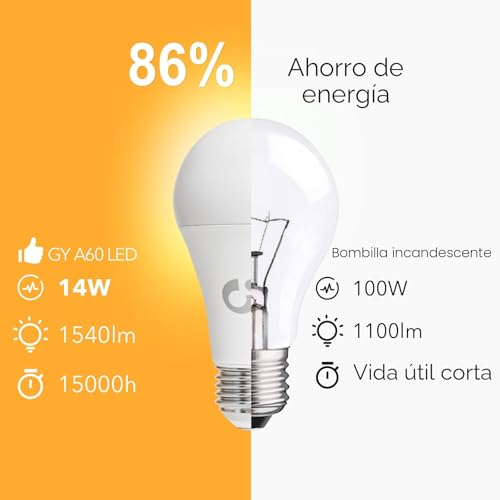 GY E27 Warm White LED Bulb 14W 3000K 1540 Lumen, A60 Low Consumption, 14W Equivalent to 100W, Non-Dimmable 12 Units