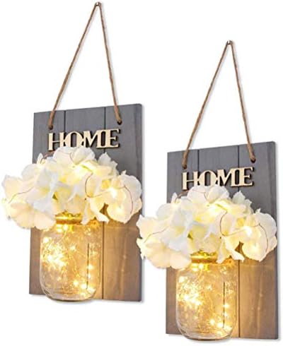 CaCaCook 2pcs Wall Sconces Mason Jars Sconce with LED Fairy Lights Vintage Wrought Iron Hooks Home Decoration