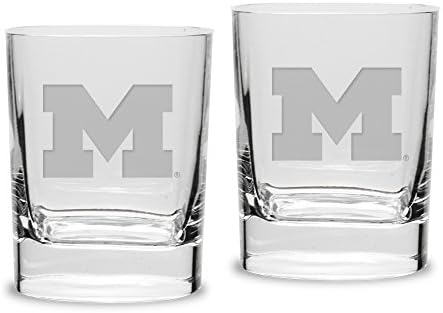 University Glass NCAA Michigan Wolverines Adult Set of 2 - 14 oz Square Double Old Fashion Glasses Deep Etched Engraved, One Size, Clear