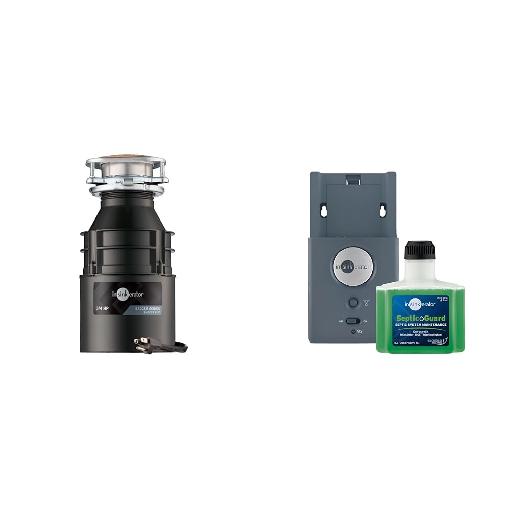 InSinkErator Badger 5XP Garbage Disposal with Power Cord 3/4 HP Continuous Feed Food Waste Disposer + InSinkErator BOOST Injection System with Septic Guard Solution System Maintenance, BST-SG Image