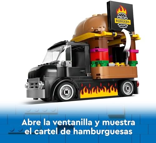 Lego city burger truck, food truck toy, presente para meninos e meninas de 5 anos ou mais, brincadeira imaginativa com van e cozinha, minifigura de vendedora, acessório de hambúrguer 60404