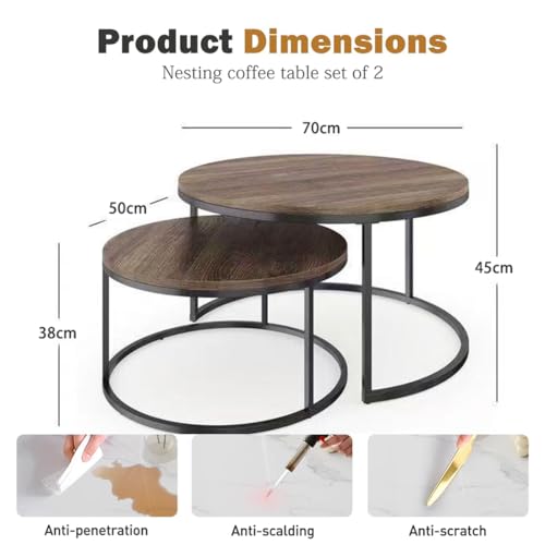 Zucng Nesting Tables Removable Set of 2 End Table, Round Coffee Tables with Gold Metal Frame Legs and Faux Marble Coffee Table Wooden for Living Room, Bedroom, Office, Balcony, Apartment (Brown)