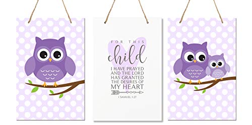 LifeSong Milestones for This Child I Have Prayed 3pc Owl Wall Decor Decorations Hanging Signs for Kids, Bedroom, Nursery, Baby Boys and Girls Room Size 8â€ x 12â€ 3pc Set (Purple)