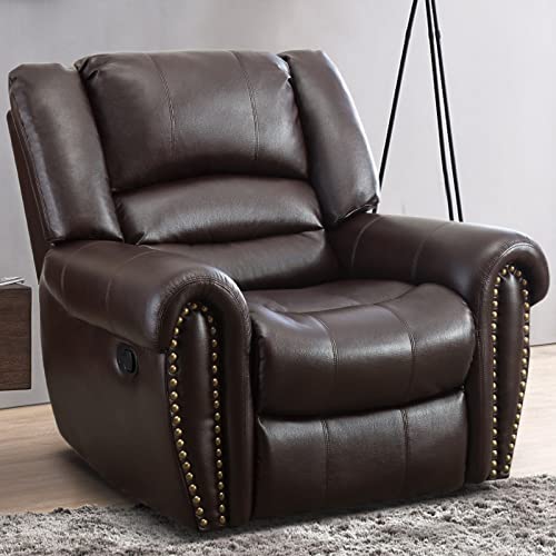 INZOY Leather Recliner Chair, Heavy Duty Manual Reclining Sofa Single Lounge Sofa for Living Room, Home Theater Seating, Brown