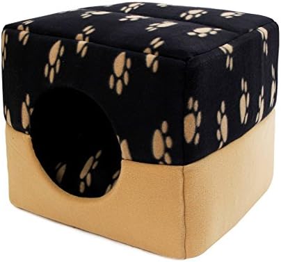 Kimol Pet Cube Bed Dual Use with Paw Prints For Small Animals Dogs Cats Rabbits plus super warm Thicken Cushion also for mattress use ( Color : Beige paw , Size : S )