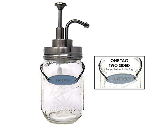 Mason Jar Soap Lotion Dispenser (Vintage Brushed Nickel) with Soap Lotion Label Tag, Stainless Steel Pump, with 16 Ounce Ball Mason Jar/Classic Decor for Bathroom, Kitchen, Farmhouse