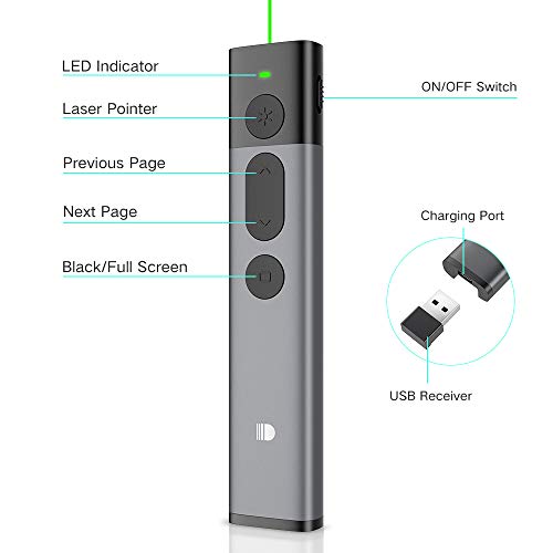 iThrough Wireless Presenter Green Light, Presentation Remote Clicker Rechargeable, Metal Powerpoint Clicker PPT PowerPoint Clicker Remote Hyperlink Volume Control USB Slide Advancer 2.4GHz