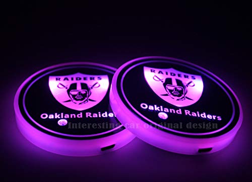 2pcs Oakland Raiders Team Logo LED Car Cup Holder Lights Accessories, USB Charging Mat Luminescent Cup Pad Colorful Dream Breathing Light,Loyal Fans' Choice LED Interior Decoration Light
