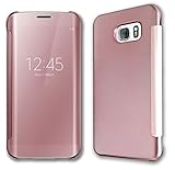 Galaxy S7 Edge Case, Acessor-Z Fashion Luxury Glossy Mirror Clear View Smart Date/Time Premium [Hyperbolic Mirror] PC Wallet Flip Case Cover for Samsung Galaxy S7 Edge (Rose Golden)