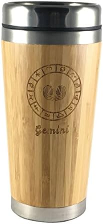 The Zodiac Mug | Premium insulated travel mug for Coffee & Tea | Natural bamboo and Stainless Steel | 15.2 oz.(450ml) | Spill Proof Lid | Slip resilient base | Wooden engraving (Gemini)