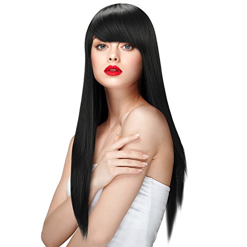 Natural long silky straight black wig with bangs for wo…