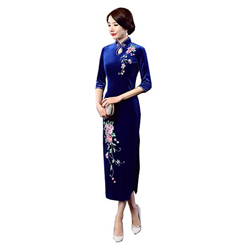 ACVIP Women's Velvet Flower Embroidery Chinese Elegant Qipao Long Dress XS-M
