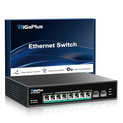 10 Port 2.5G Unmanaged PoE Switch with 8 PoE 2.5G Base-T Port, 2 x 10G SFP+ Uplinks, 802.3af/at (PoE+), 80Gbps Switching Capacity, GigaPlus PoE Switch for NAS/PC, WiFi6 Router
