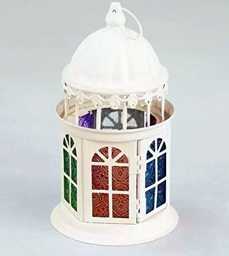 Ryocas Decorative Candle Lantern - Moroccan Style Hexagon White Carved with Glass Multicolor, 9-Inch