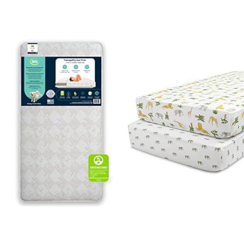 Serta Tranquility Eco Firm Innerspring Crib and Toddler Mattress + Delta Children Fitted Crib Sheets for Girls and Boys (Pack of 2), Safari Friends (Bundle) Image
