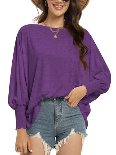 SUCOLAN WOMEN’S 2024 FASHION TOPS LONG SLEEVE T-SHIRTS CUTE CREWNECK BASIC BUSINESS TEES LOOSE FITTED CASUAL BLOUSES PURPLE