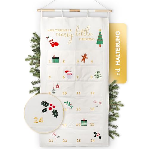 AMARI ® Adventskalender zum Befüllen - XXL Wandkalender (70 x 130 cm) mit 24 Fächern zum Basteln für Weihnachten - Adventskalender zum Aufhängen Stoff - Weihnachtskalender (Weiß - Gold)