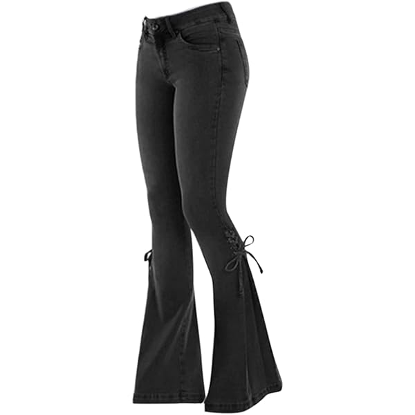 LINUMIN Women's Lace-up Bell Bottom Denim Pants Mid Waist