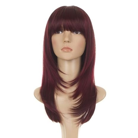 Cramson Red Long Feather Cut Wig 70s Inspired Hair Face