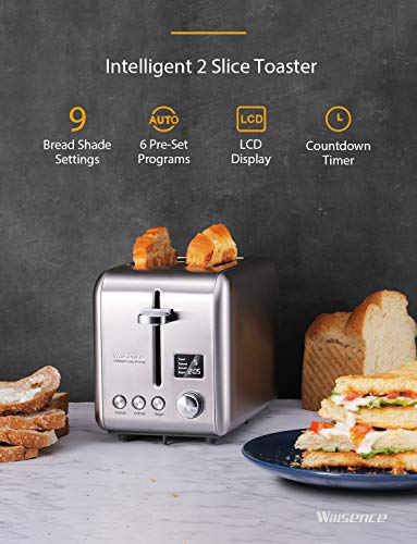 ToasterÂ 2Â Slice,Â Willsence StainlessÂ SteelÂ Bagel Toaster with ExtraÂ WideÂ Slots,Â LCD Display with 9Â BreadÂ ShadeÂ SettingsÂ and 6 Pre-set Programs (Defrost/Reheat/Cancel/Timer), Removable Crumb Tray, 900W