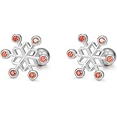 Small Snowflake Earrings Sterling Silver Rose Gold/White Gold Plated Red Cubic Zircon Winter Snowflake Stud Earrings with Screw Backs Christmas X mas Party Jewelry Gift for Women