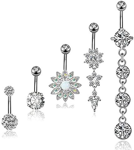 KARAY 6PCS 14G 316L Stainless Steel Dangle Belly Button Rings for Women Navel Rings Curved Barbell Body Piercing (Silver)