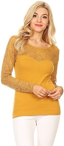 Woman's Lace Contrast Long Sleeve Top (Medium, Mustard)