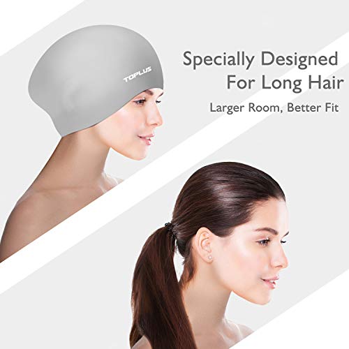 TOPLUS Swim Cap Women, Silicone Swimming Caps for Women Swim Caps for Long Hair Swim Cap Girls - 3D Ergonomic Design Comfortable and Durable Comes with Nose Clip & Ear Plugs - Gray