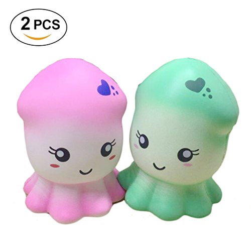 Youngate Charms Kawaii Jumbo 2pc Squid Squishy Slow Rising Stress Relief  Kid Toy (2 pack, Pink+Green)