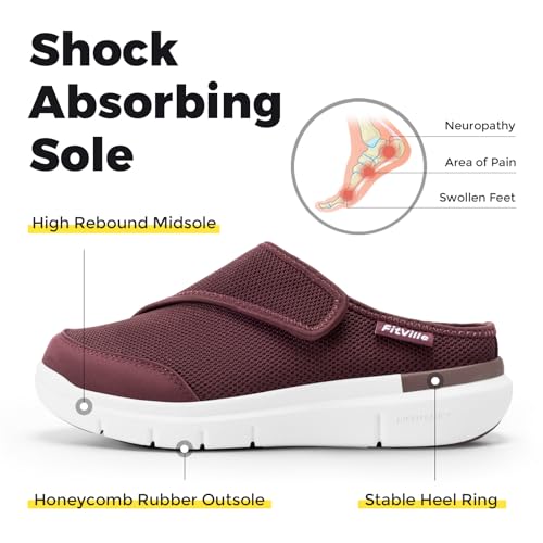 FitVille Women's Slippers Slip on Mules Clogs, Adjustable Closure Walking Shoes for Women Extra Wide Width for Swollen Feet Plantar Fasciitis Indoors Outdoors
