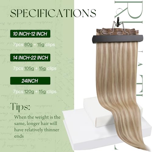 RUNATURE Natural Hair Clip in Extensions 55 cm 7 Pieces 120 g Ash Blonde with Platinum Blonde Natural Hair Clip Extensions #18P60