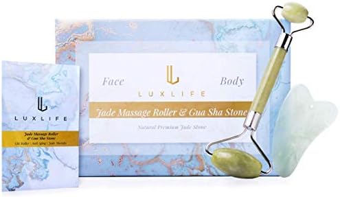 Real Jade Massage Roller w/Gua Sha Scraping Tool by LuxLife | Anti-Aging, Anti-Wrinkle Facial Massager | Stimulate Natural Chi & Face Blood Flow Circulation | Safe Skincare