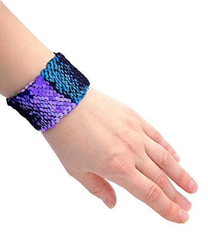 Sparklee Me Mermaid Sequin Color Changing Reversible Bracelet/Elegant Adjustable Wristband,Small-Med,Aqua Blue/Purple